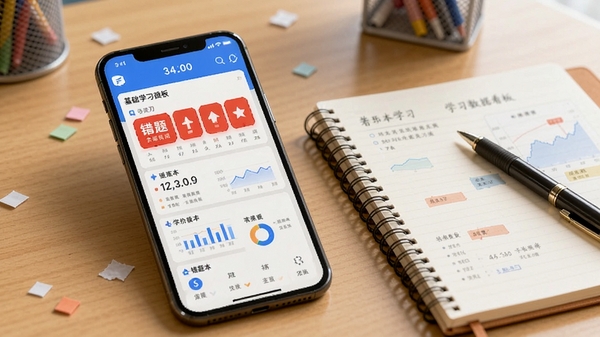 基础学习APP错题本与学习数据看板界面,手机屏幕显示红色错题标签和蓝色统计图表,旁边有笔记本和笔,教育场景
