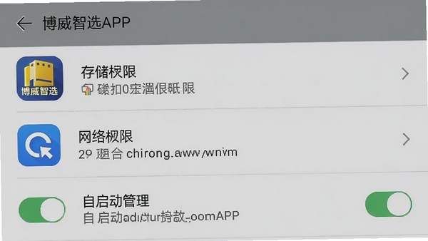 博威智选APP在安卓手机上的权限设置界面截图,展示存储权限、网络权限、自启动管理开关,界面为系统设置风格,突出博威智选应用图标与权限列表