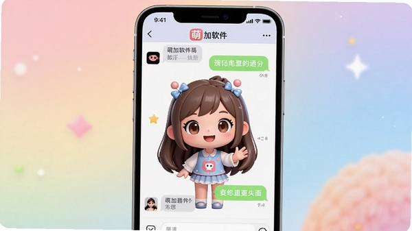 萌加软件主界面展示,清新可爱的虚拟角色立绘,柔和渐变背景,手机屏幕中呈现聊天互动界面,整体风格温馨活泼,突出萌加品牌标识