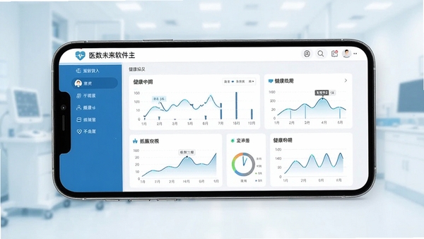医数未来软件主界面展示,手机屏幕中呈现健康数据看板与图表,背景为干净的医疗蓝白色调,画面简洁专业