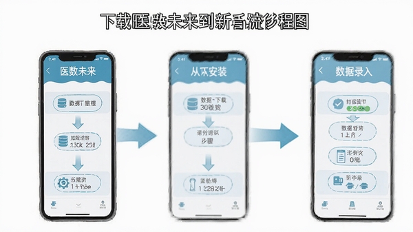 医数未来新手操作流程图,展示从下载安装到数据录入的步骤,手机界面配合箭头指引,风格简洁明了,包含软件名称