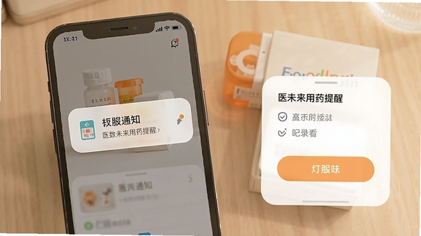 医数未来用药提醒功能界面,手机弹出服药通知,旁边有药盒和记录打卡按钮,风格温馨清晰,带软件名称标识