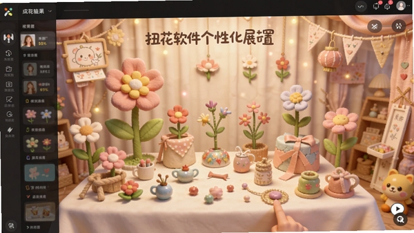 扭花软件个性化展台布置界面,用户自由拖拽花朵和装饰品到展台,背景温馨可爱,展示出丰富的收藏成果,画面充满创意与个性