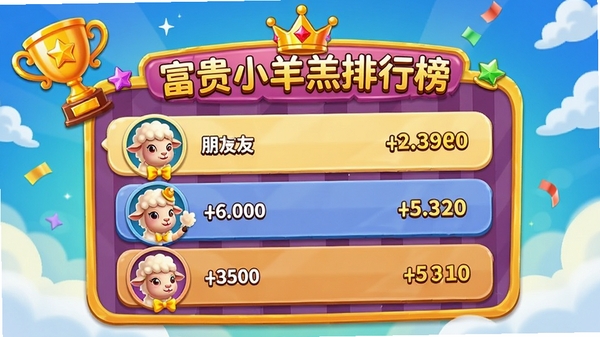 富贵小羊羔排行榜界面,显示好友头像和分数排名,界面设计活泼,有奖杯和皇冠图标