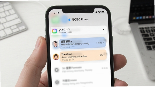 GCBC消息提醒功能展示,手机弹出通知界面,显示重要联系人消息高亮提示,简洁UI设计