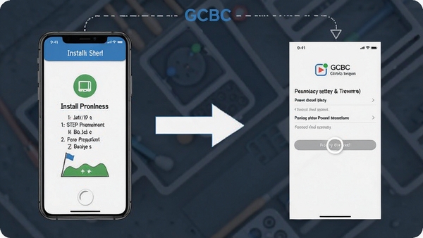 GCBC使用教程示意图,手机屏幕显示安装步骤和权限设置界面,简洁明了的操作指引风格