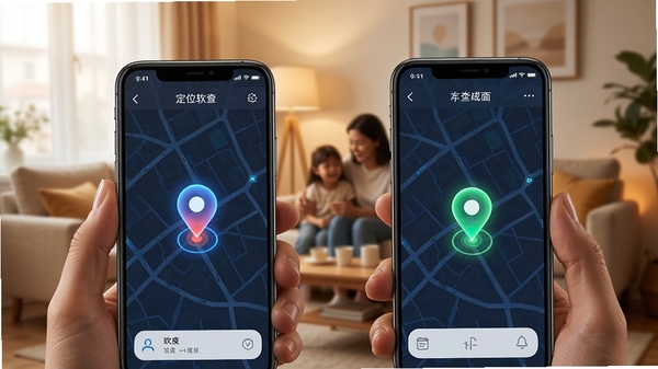手机定位互查软件主界面展示,两部手机屏幕显示地图上两个彩色定位标记,背景为温馨家庭场景,科技感与亲和力并存,高清UI风格