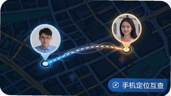 手机定位互查实时位置追踪功能AI生图,城市地图背景,两个用户头像标记正在移动,路线用发光线条连接,软件名称手机定位互查显示在界面角落