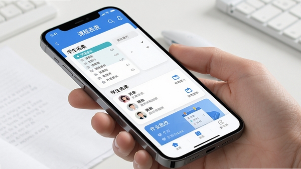 勤学老师端APP主界面展示,手机屏幕中呈现课程表、学生名单、作业批改等功能模块,界面简洁清新,教育风格,蓝白配色,现代扁平化设计,高清渲染