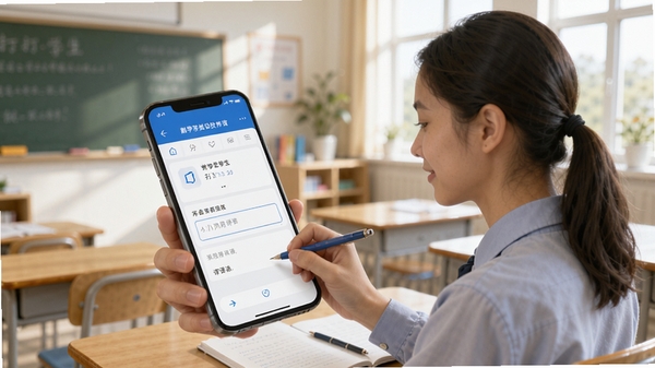 勤学老师端作业批改界面,老师用手机批改学生提交的电子作业,屏幕显示打分和评语输入框,教育场景,明亮温馨的教室背景,蓝白科技感配色