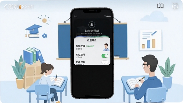 勤学老师端安装设置界面截图,手机屏幕显示权限开启页面,包括存储权限和相机权限开关,背景为简洁的教育风格插画,蓝白色调