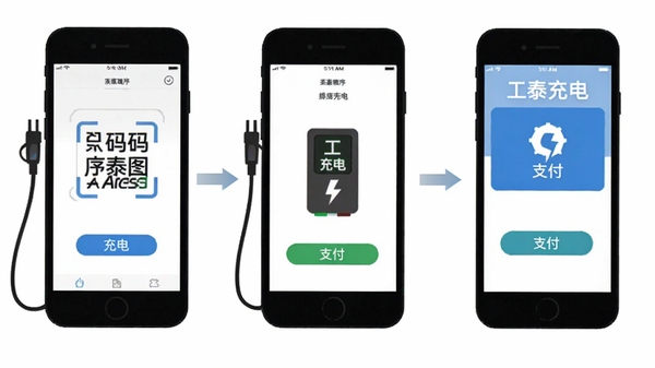 工泰有序充电App操作流程图,展示扫码、充电、支付三个步骤,手机界面截图组合,简洁扁平化设计