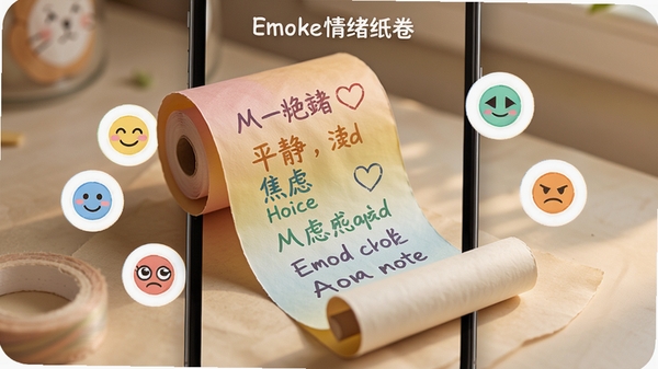 Emoke����ֽ����������չʾ�����µ��ŵ��ֻ���Ļ��ͼ��������չ��һ����ɫֽ��������д����ͬ��ɫ���������֣���Χ�����ſ��ġ�ƽ�������ǵ�����ͼ�꣬��������ů��������������Emoke����ֽ�������ɼ�