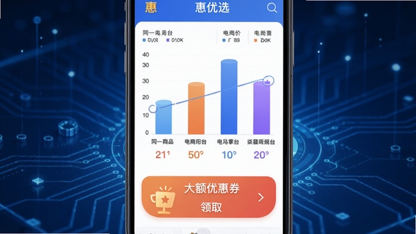 ����ѡAPP�ȼ۹��ܽ��棬�ֻ���Ļ�м�չʾͬһ��Ʒ�ڶ������ƽ̨�ļ۸�Ա���״ͼ���·���ʾ����Ż�ȯ��ȡ��ť���Ƽ�����ɫ������