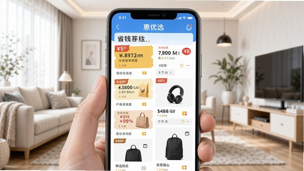 ����ѡAPP��ҳչʾ�����Ż�ȯ�뾫ѡ��Ʒ�ٲ�����������ˬ���ֻ���Ļ�г��ָ����ۿ۱�ǩ������Ϊ�������ִ��Ҿӻ�����ͻ��ʡǮ��������