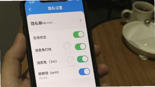 附近可遇聊隐私设置页面,展示在线状态、消息免打扰等开关选项