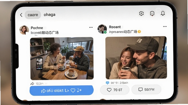 附近可遇聊动态广场页面,展示用户发布的图文动态与互动按钮