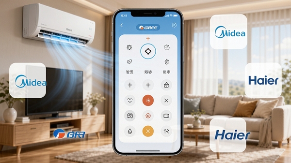 ���ܿյ�ң�عܼ��ֻ�����չʾ������������һ�������ֻ�����Ļ����ʾ�յ�ң������壬��Χ�����Ÿ��������ġ�������Ʒ��ͼ�꣬��������ܰ�ļҾӿ����������յ�����ڴ�����������ɫ����������ɫ����ˬ�Ƽ���ǿ��������Ⱦ���