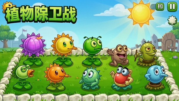 植物保卫战游戏主界面截图,展示多种植物角色排列在草坪上,阳光充足,卡通风格,色彩鲜艳,包含游戏名称植物保卫战标题
