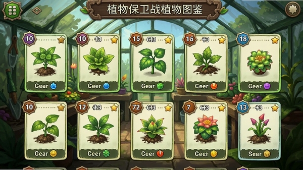 植物保卫战植物图鉴界面,展示多种植物卡牌,包含稀有度标识,背景为游戏内温室场景