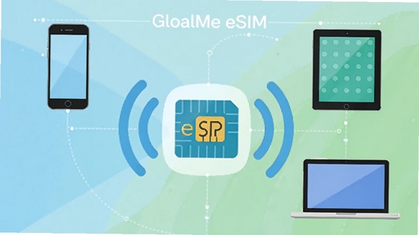 GlocalMe eSIM���豸�������棬��ʾ�ֻ���ƽ�塢�ʼǱ�ͼ��ͨ�������ź����ӣ�����ΪeSIM��ͼ�꣬�������ƽ������ɫ����