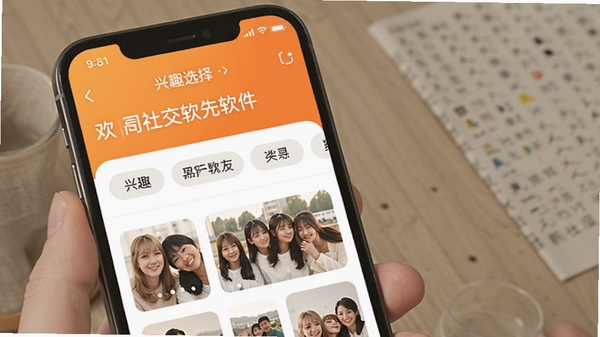 欢寻社交软件主界面展示,手机屏幕中显示兴趣标签选择页面,背景为温馨的橙色渐变,突出同城寻友功能,画面清晰明亮