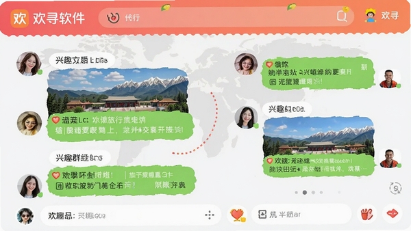 欢寻软件内兴趣群组聊天界面,显示多人正在讨论旅行话题,界面活跃,色彩丰富,带有欢寻品牌标识