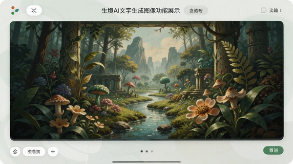 生境AI文字生成图像功能展示,输入描述词后生成精美艺术画作,界面简洁直观