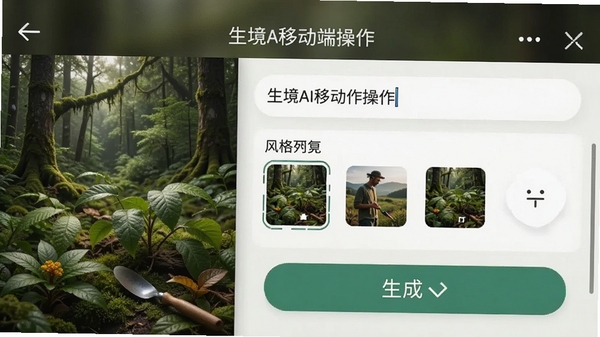 生境AI移动端操作界面截图,展示文字输入框、风格选择区和生成按钮布局