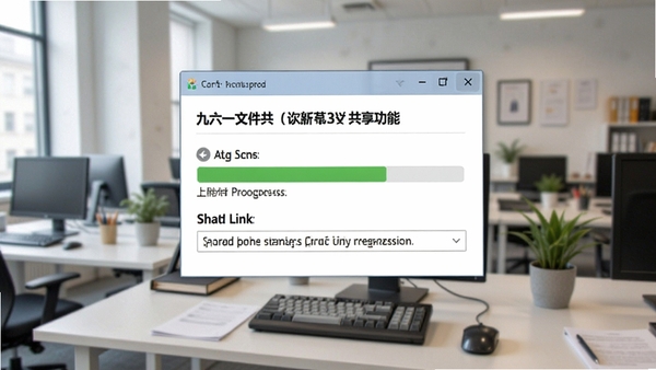 九六一文件共享功能截图,显示上传进度和分享链接,背景为办公环境