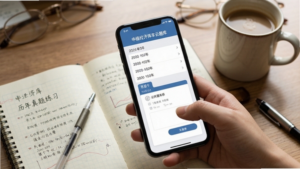 中级经济师华云题库历年真题练习界面,手机屏幕显示真题年份列表和答题卡,周围有笔记和咖啡杯,学习氛围浓厚