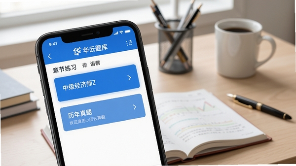 中级经济师华云题库手机端刷题界面展示,蓝色主题风格,屏幕上显示章节练习和历年真题选项,背景为书桌与学习用具,简洁大气