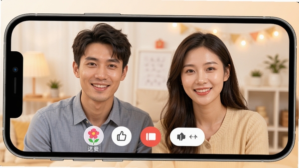 ���׻�APP��Ƶ���׹��ܽ��棬չʾһ����ܰ����Ƶͨ���������ֻ���Ļ����Ů�û�������Ƶ���죬��Ļ�·����ͻ������޵Ȼ�����ť������������ܰ��ͻ�����׻���Ƶ���׵ı������ʵ