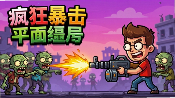 疯狂暴击平面僵尸游戏主界面,卡通风格幸存者手持机枪扫射成群僵尸,横版平面视角,色彩鲜艳,动态感强,游戏名称疯狂暴击平面僵尸醒目展示