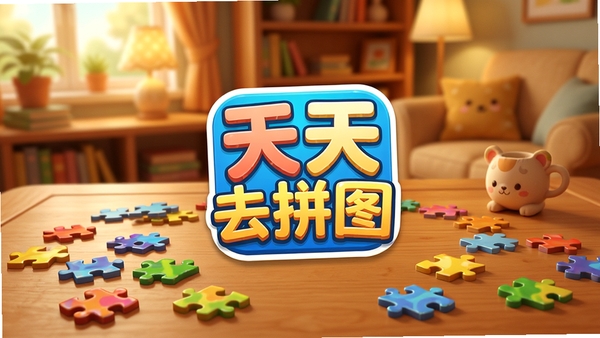 天天去拼图游戏主界面展示,色彩鲜艳的拼图碎片散落在木质桌面上,背景是温馨的室内环境,画面中央有天天去拼图的游戏logo,整体风格轻松休闲,适合作为游戏介绍配图