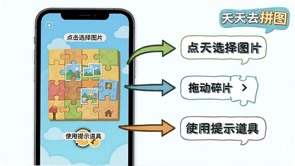 天天去拼图新手操作指引图,手机屏幕显示拼图游戏界面,旁边有箭头标注“点击选择图片”“拖动碎片”“使用提示道具”等操作步骤,画面简洁明了,带天天去拼图文字标识