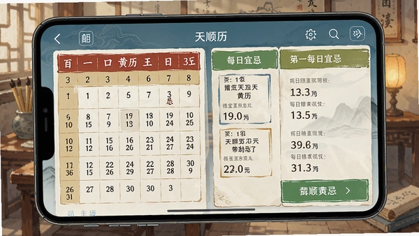 天顺历app主界面展示传统黄历日历与每日宜忌信息