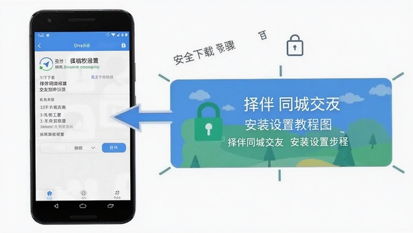 择伴同城交友安装设置教程示意图,安卓手机权限设置界面,安全下载提示,操作步骤标注