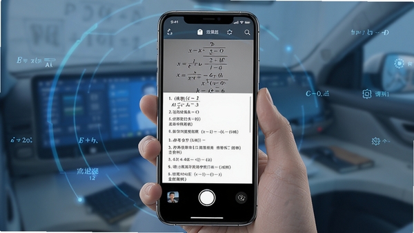 老司机拍照搜题软件界面展示,手机屏幕中显示拍照搜题功能,画面中有数学题目和详细解析步骤,蓝色科技风格,清晰明亮