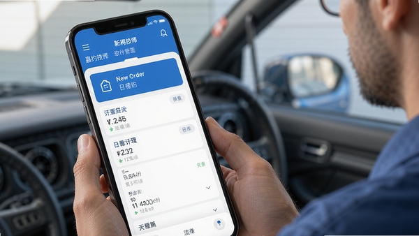 嘉约技师端软件界面展示,手机屏幕显示订单列表和日程管理功能,简洁现代的UI设计风格,蓝色主题色调,技师正在查看新订单通知