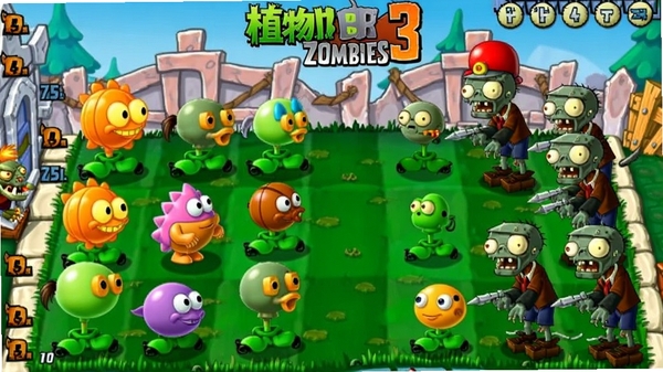 植物大战僵尸3游戏主界面截图,展示绿油油的草坪战场、各种可爱植物角色和僵尸大军对峙的场景,画面色彩鲜艳,卡通风格,充满趣味性和策略感