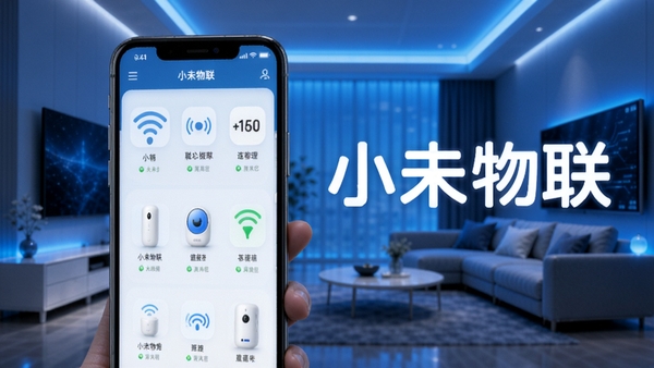 小未物联智能设备管理界面展示,手机屏幕显示多个智能设备图标与连接状态,背景为现代家居环境,科技感蓝色调,软件名称小未物联醒目展示