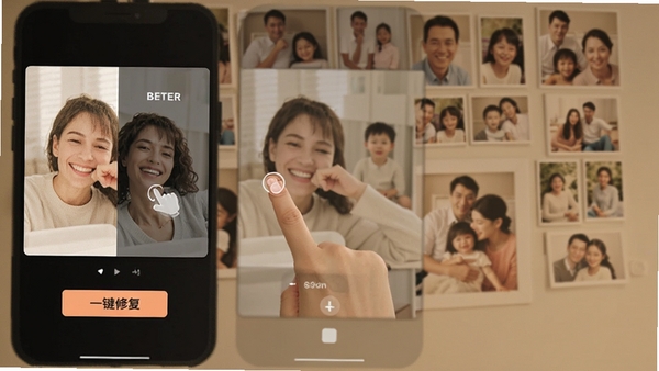 相册照片修复帮手移动端操作界面截图,手指点击一键修复按钮,屏幕显示修复前后对比效果,背景为温馨家庭照片墙