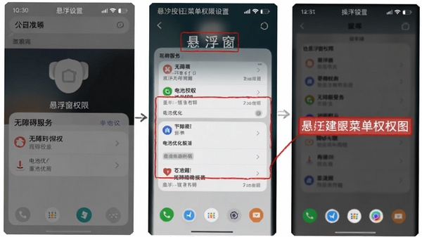 悬浮按钮菜单权限设置操作流程图,展示手机设置界面中悬浮窗权限、无障碍服务、电池优化三个关键步骤的截图示意,红色标注重点授权项