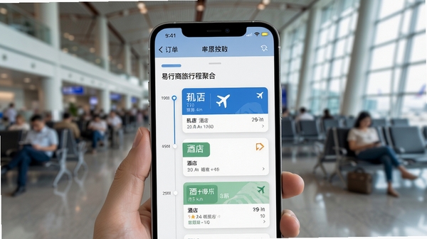 易行商旅行程聚合页面AI生图,手机屏幕显示时间轴订单卡片,机票酒店信息一目了然,背景为机场候机厅虚化效果