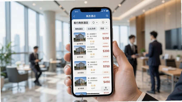易行商旅酒店比价功能展示,手机界面列出多家酒店价格对比,带有筛选标签,商务酒店场景,明亮色调