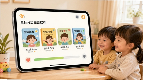 星标分级阅读软件主界面展示,儿童友好型UI设计,色彩明亮柔和,屏幕上显示分级阅读书目推荐与阅读进度条,整体风格温馨专业,适合家庭学习场景
