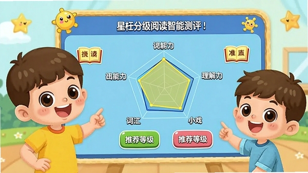 星标分级阅读智能测评界面,卡通形象引导孩子完成词汇与理解力小游戏,屏幕显示能力雷达图与推荐等级,画面活泼有趣