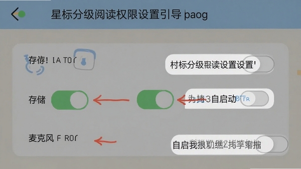 星标分级阅读权限设置引导页面截图,标注出存储、麦克风、自启动三个关键权限开关位置,配有文字说明