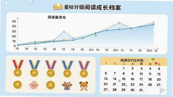 星标分级阅读成长档案页面,折线图展示阅读量变化,下方有勋章墙与阅读日历,界面清晰直观